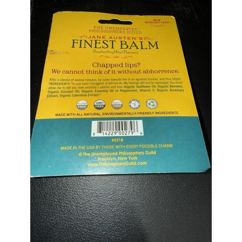 Jane Austen's Finest Lip Balm Pemberley‎ Mint Flavor .15 oz USA Made All Natural